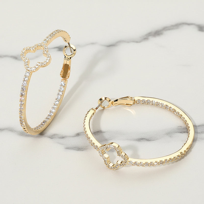 Solenne Pavé Quatrefoil Hoop Earrings | Gold CZ Hoops