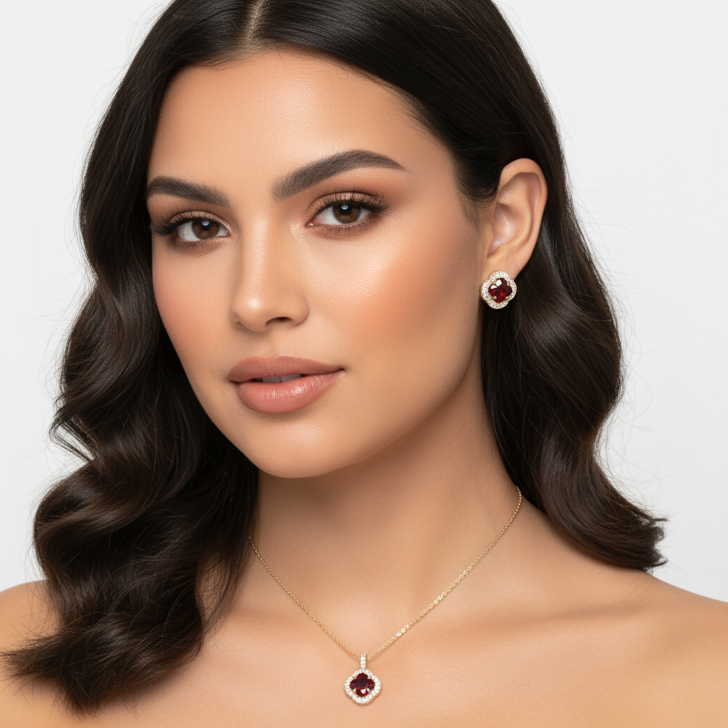 Garnet Clover Pavé Set 14K Gold Plated Quatrefoil CZ