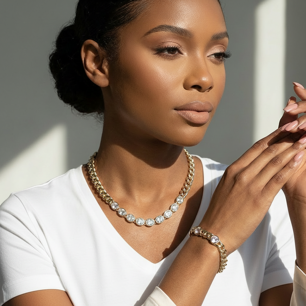 Monarch Bezel Chain Set | Gold CZ Necklace & Bracelet