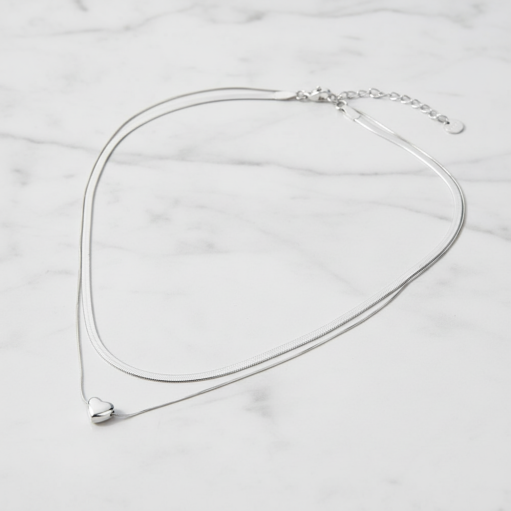 Val Luxe Heart Layered Herringbone Necklace Stainless Steel