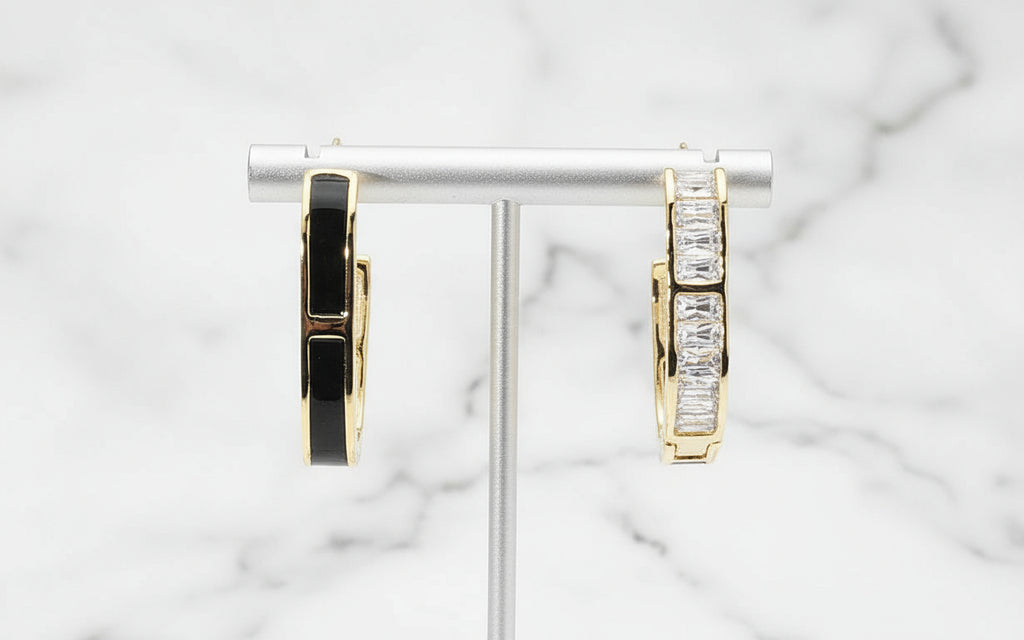 Diamond Dew Baguette Huggie CZ Pavé Hoops with Black Backing