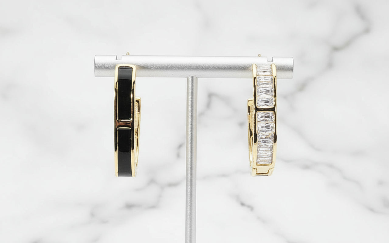 Diamond Dew Baguette Huggie CZ Pavé Hoops with Black Backing