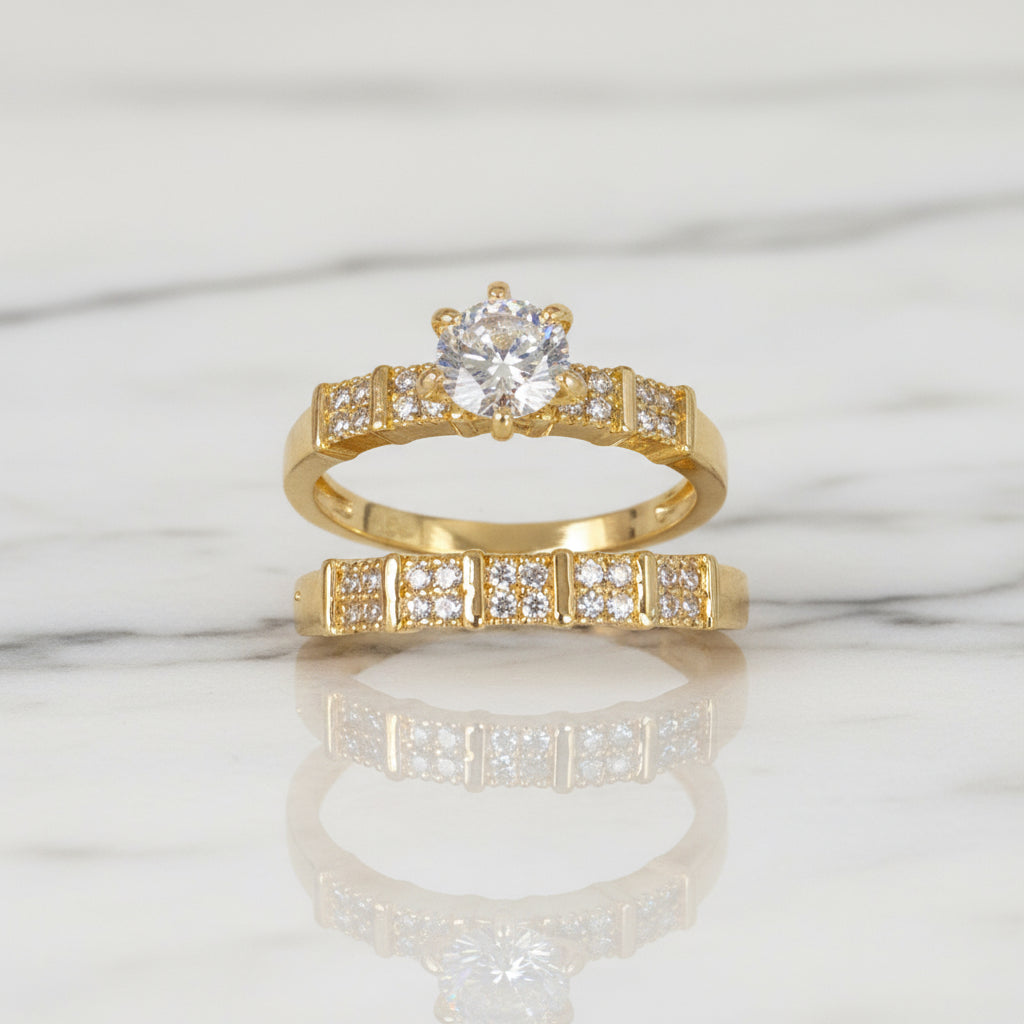 18K Gold-Filled CZ Engagement & Wedding Ring Set | Water Resistant
