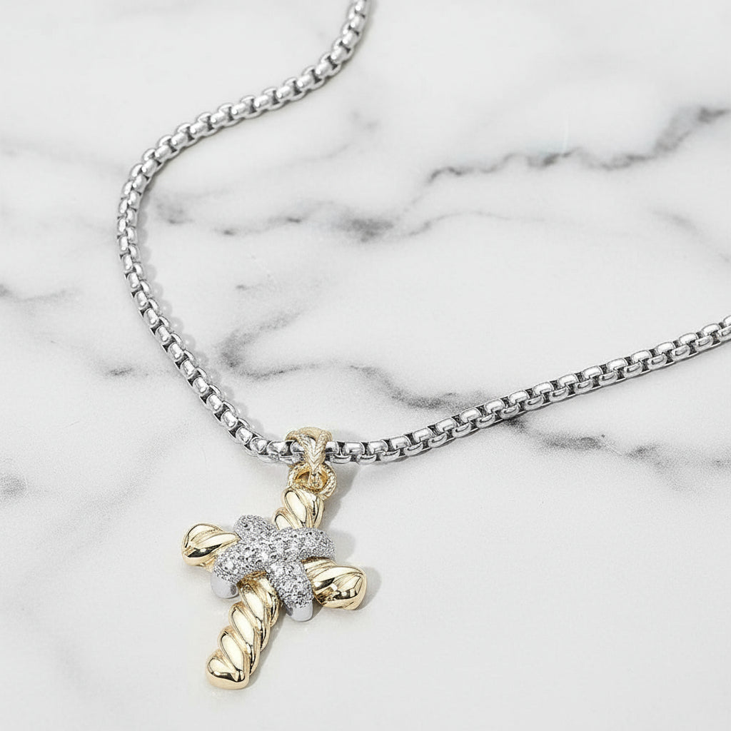Two-Tone 14K Gold Plated Rope Twist Cross CZ Necklace