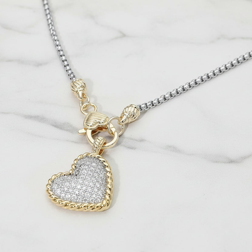Eternal Glow Two Tone Pavé Heart Necklace | Gold & Silver