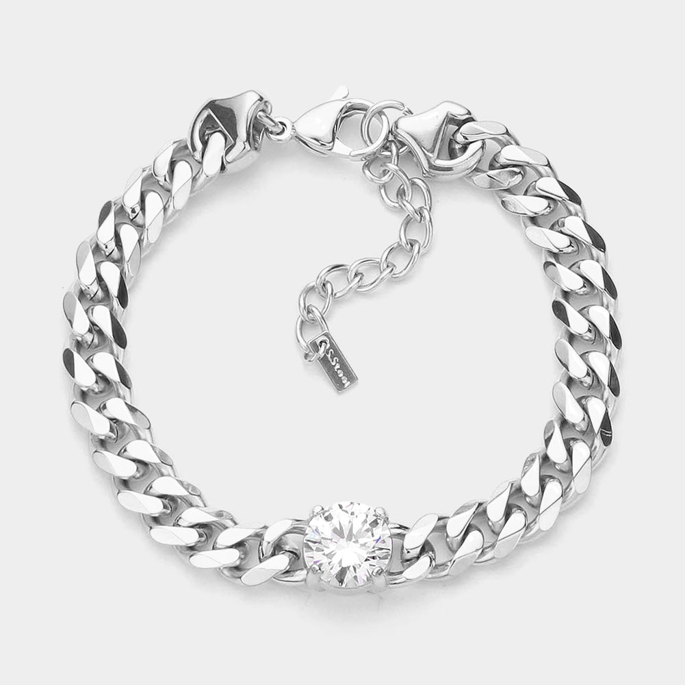 Rhodium Round CZ Chain Link Necklace & Bracelet Set Stainless Steel