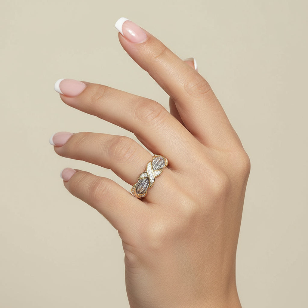 Two-Tone Crisscross Cable Ring Luxe Pavé X-Design Statement Ring