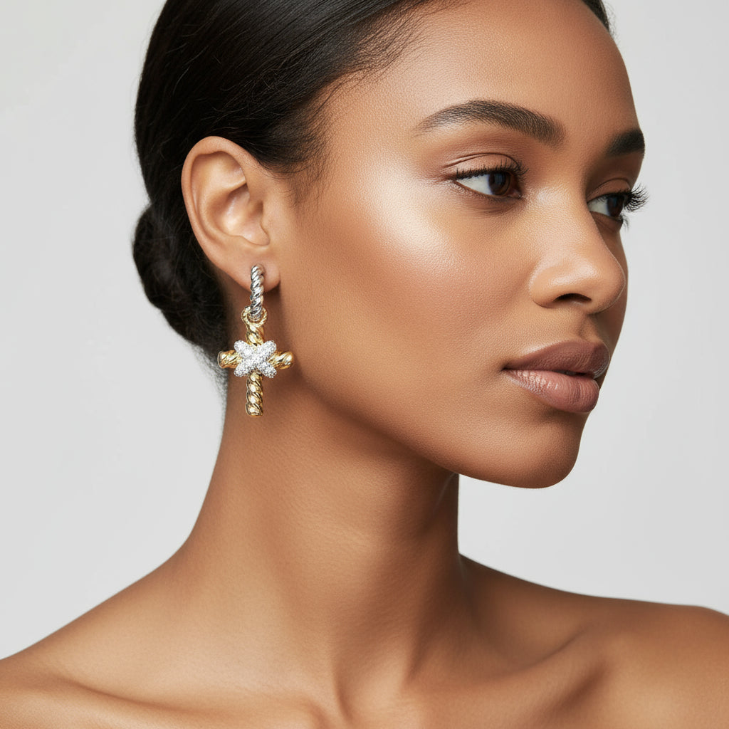 Two-Tone 14K Gold Plated Rope Twist Cross CZ Dangle Earrings