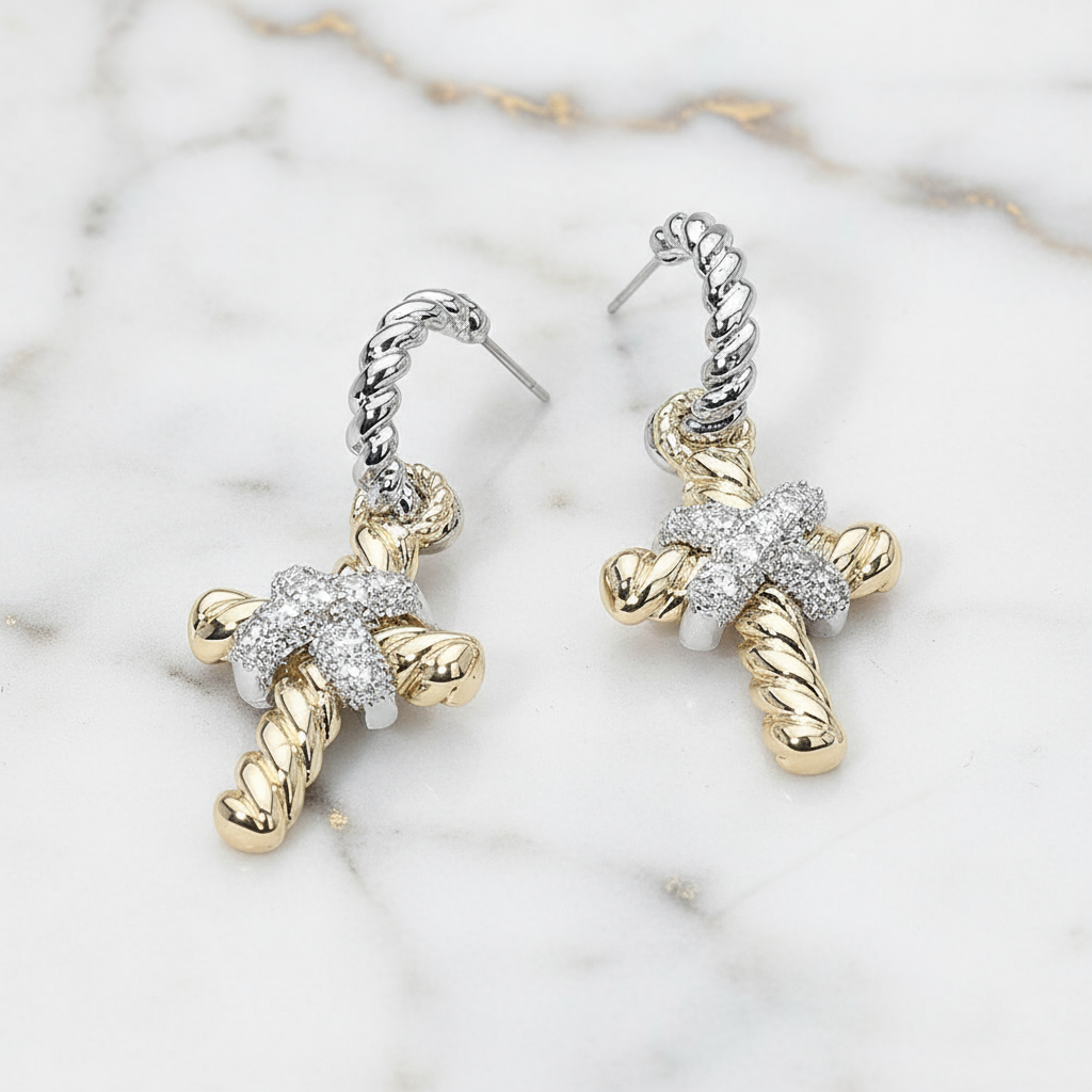 Two-Tone 14K Gold Plated Rope Twist Cross CZ Dangle Earrings