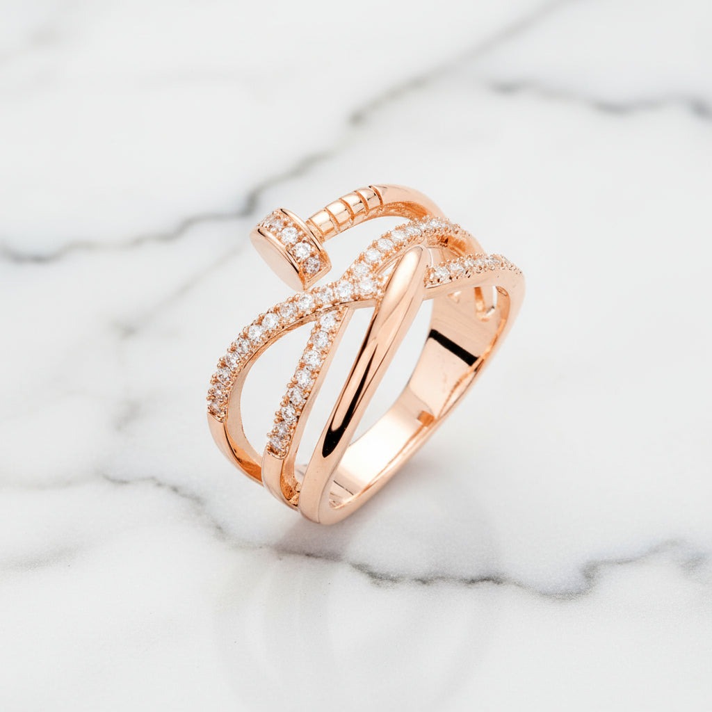 Rose Gold Entwined Nail Ring with Pave CZ Stones