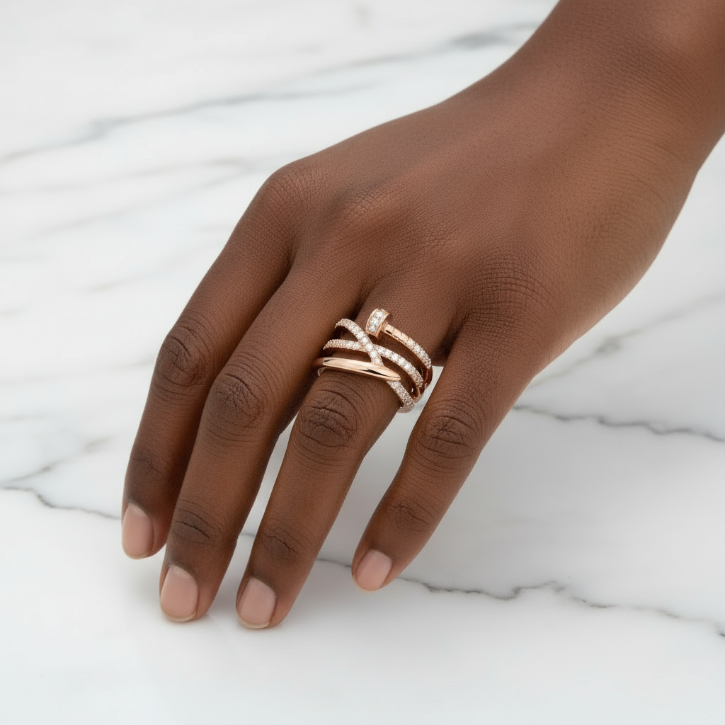 Rose Gold Entwined Nail Ring with Pave CZ Stones