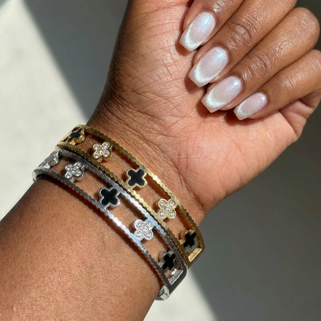 Lucky Bloom Stainless Steel Hinged Bangle Bracelet