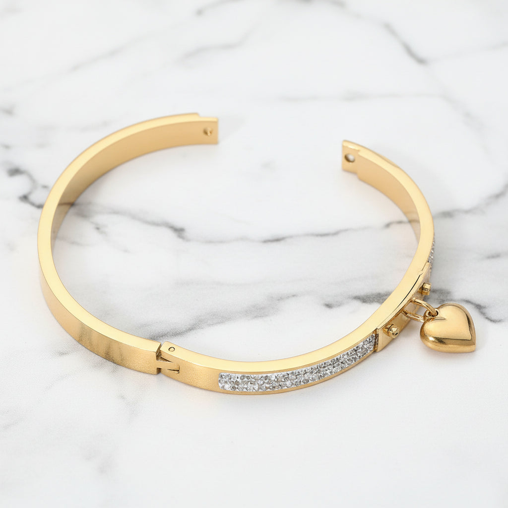 Kara Charm CZ Hinged Bangle Bracelet Stainless Steel