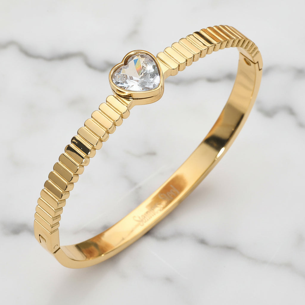 Avana Stone Heart Hinged Bangle Stainless Steel