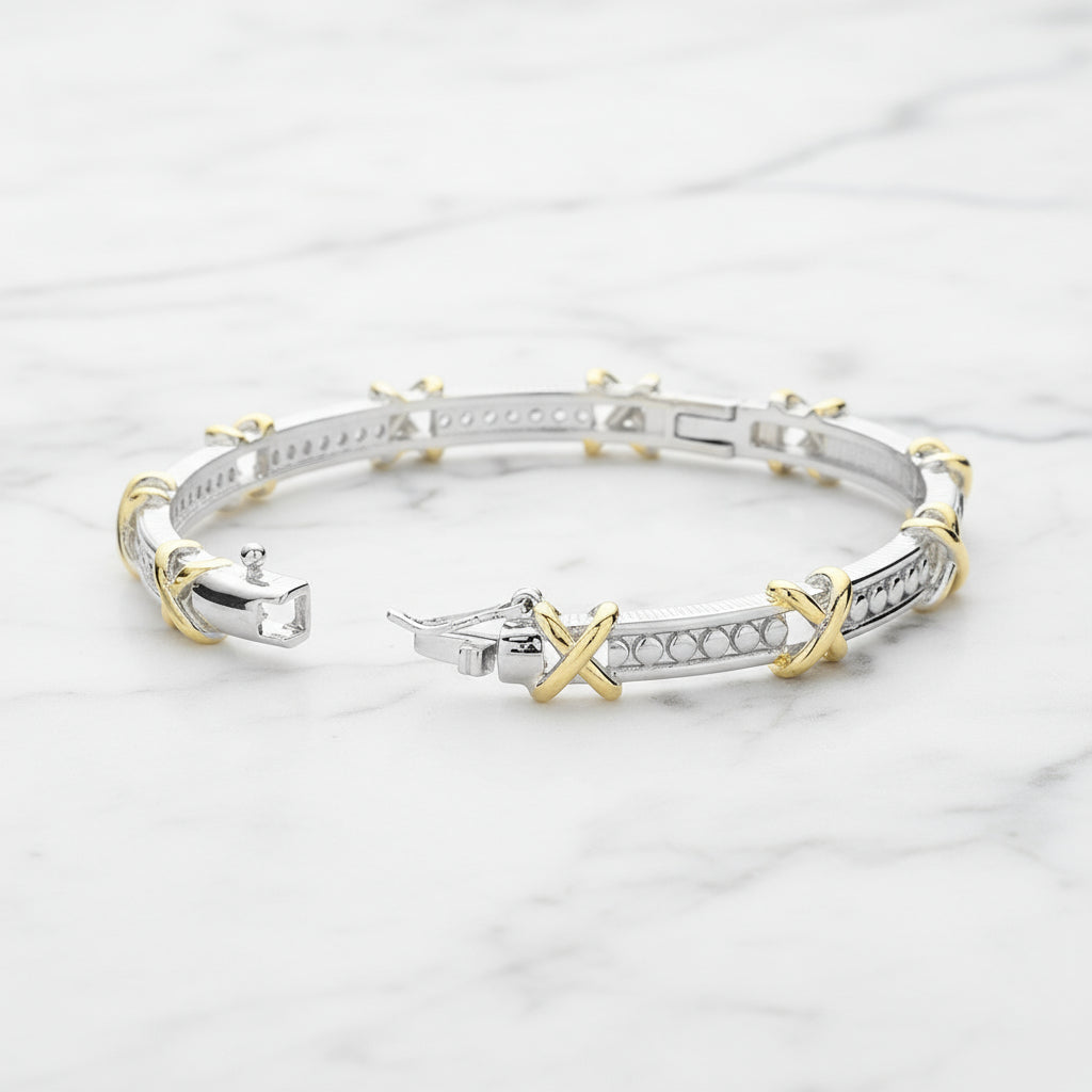 Pavé Crisscross Hinged Bangle Two-Tone X-Design CZ Bracelet