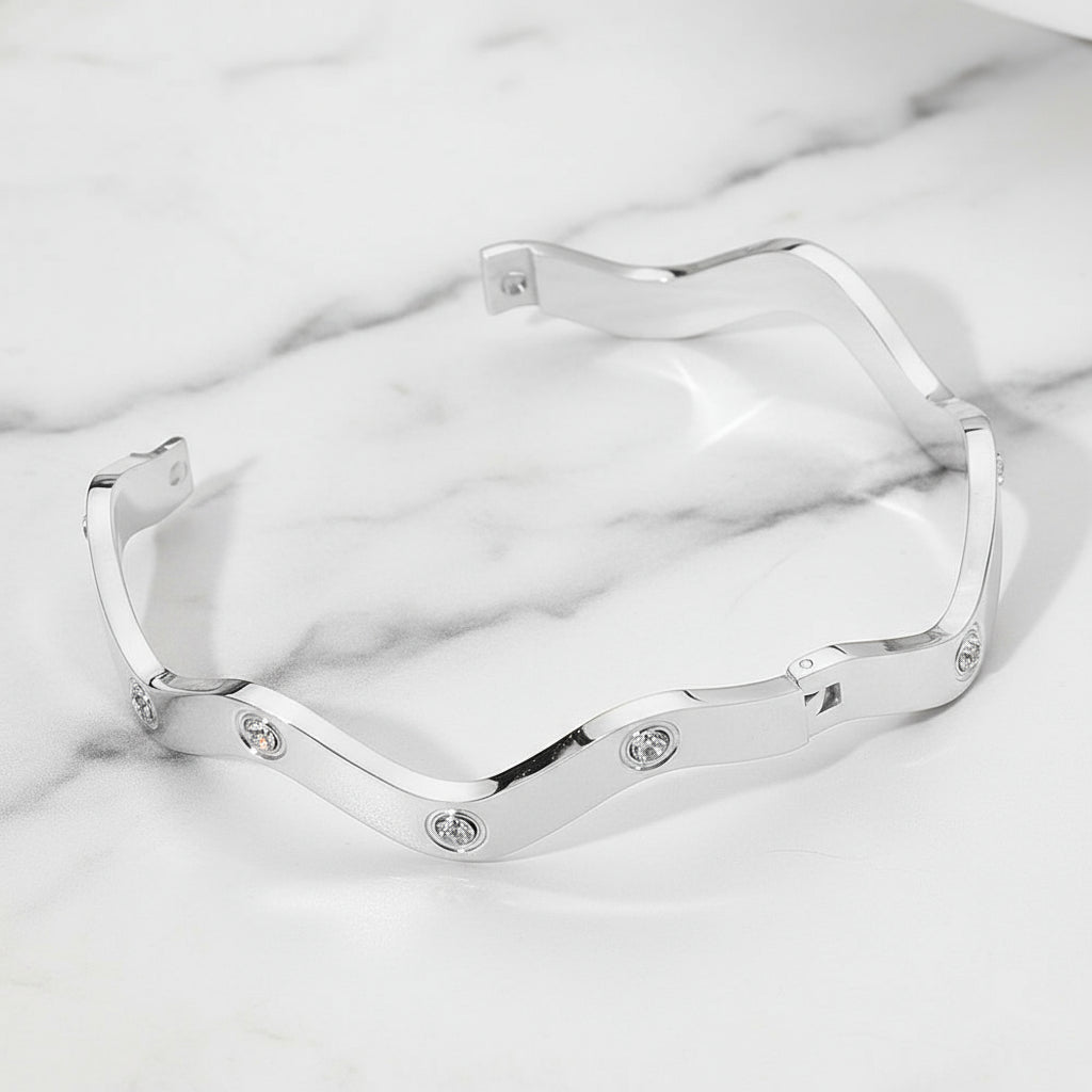 Wavy Ribbed Stainless Steel Bangle | Gold & Silver Wave Design with CZ