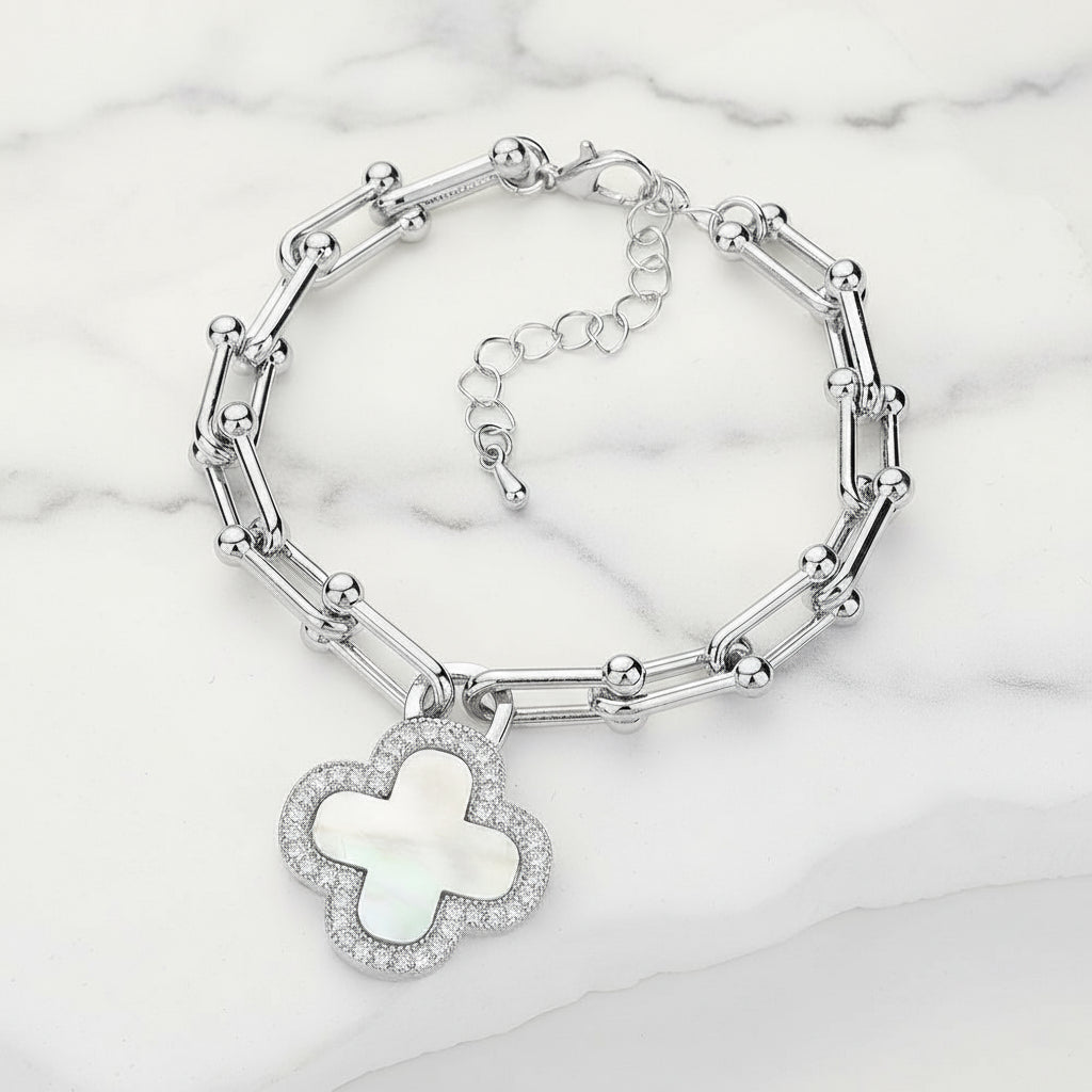 Linked Up Mother Of Pearl Pavé Rim Clover Bracelet