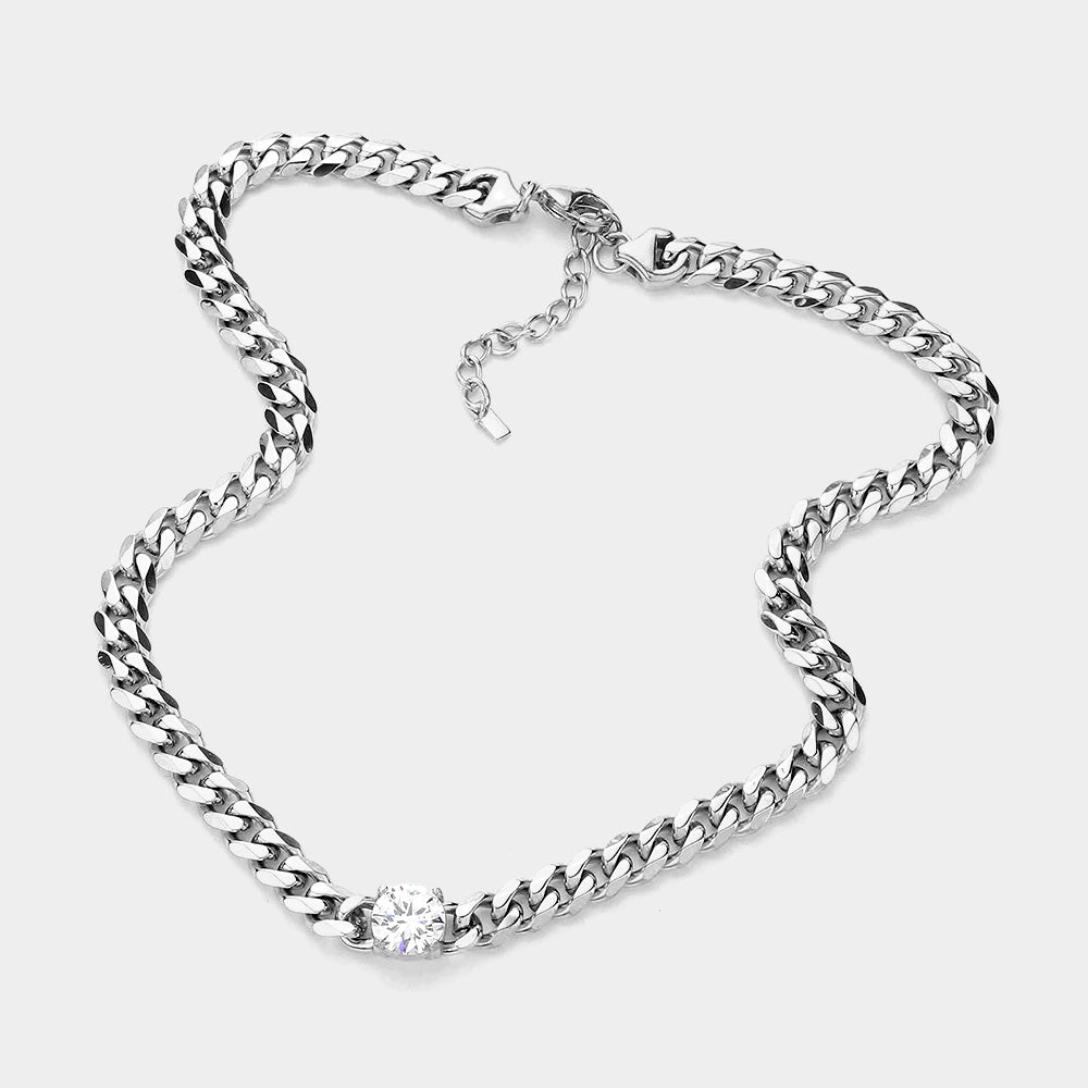 Rhodium Round CZ Chain Link Necklace & Bracelet Set Stainless Steel