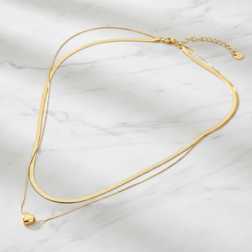 Val Luxe Heart Layered Herringbone Necklace Stainless Steel