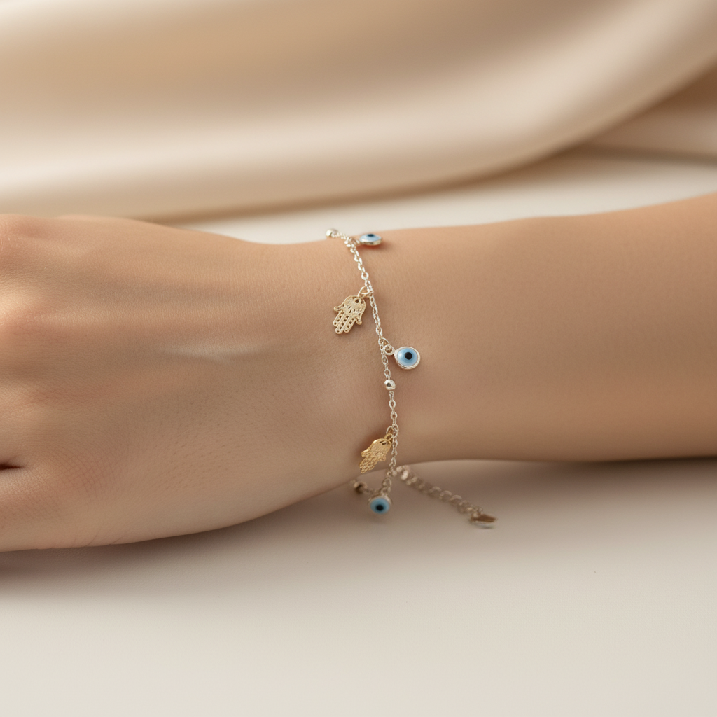 18K Gold-Filled Evil Eye & Hamsa Charm Bracelet | Water Resistant