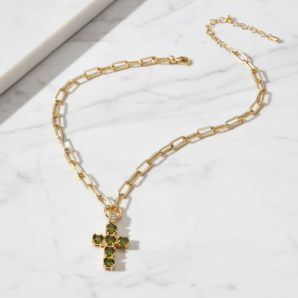 CZ Cross Paperclip Chain Necklace