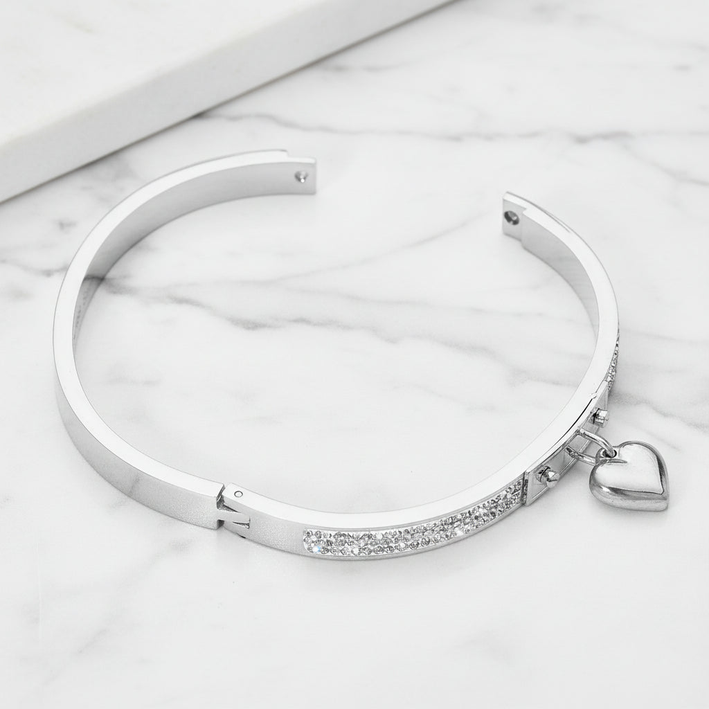 Kara Charm CZ Hinged Bangle Bracelet Stainless Steel