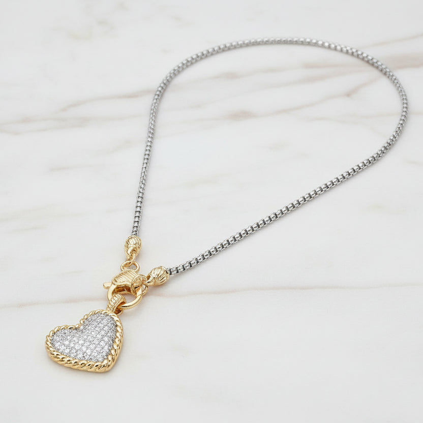 Eternal Glow Two Tone Pavé Heart Necklace | Gold & Silver