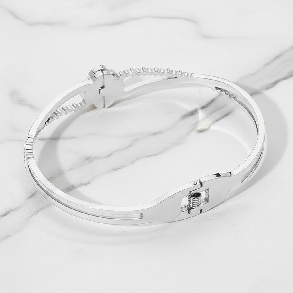 Mena Clover Stone Paved Stainless Steel Hinged Bangle
