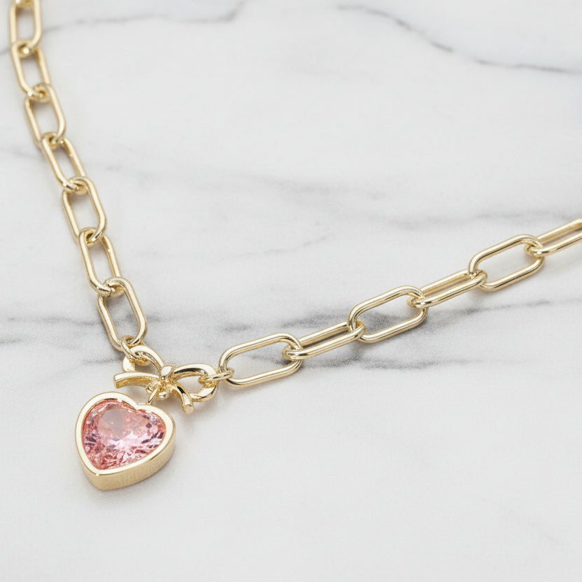 Rosé Charm Bow Heart Necklace | Gold Pink CZ Pendant