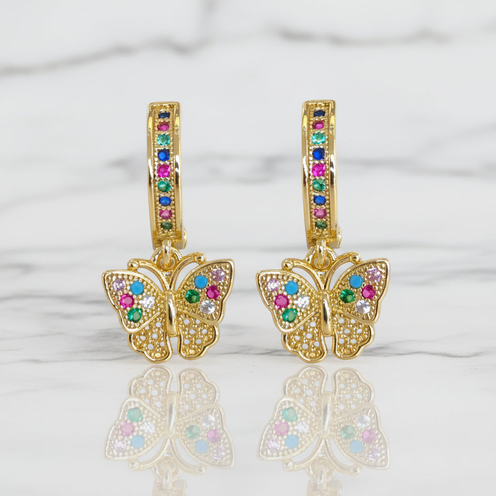 18K Gold-Filled Multi-Color CZ Butterfly Drop Earrings | Water Resistant