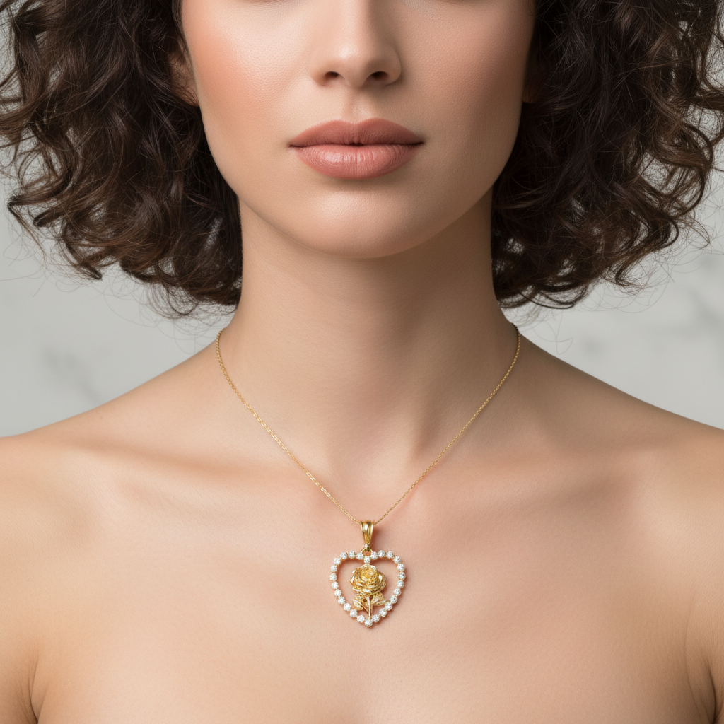 18K Gold-Filled Heart Rose CZ Charm Pendant | Water Resistant