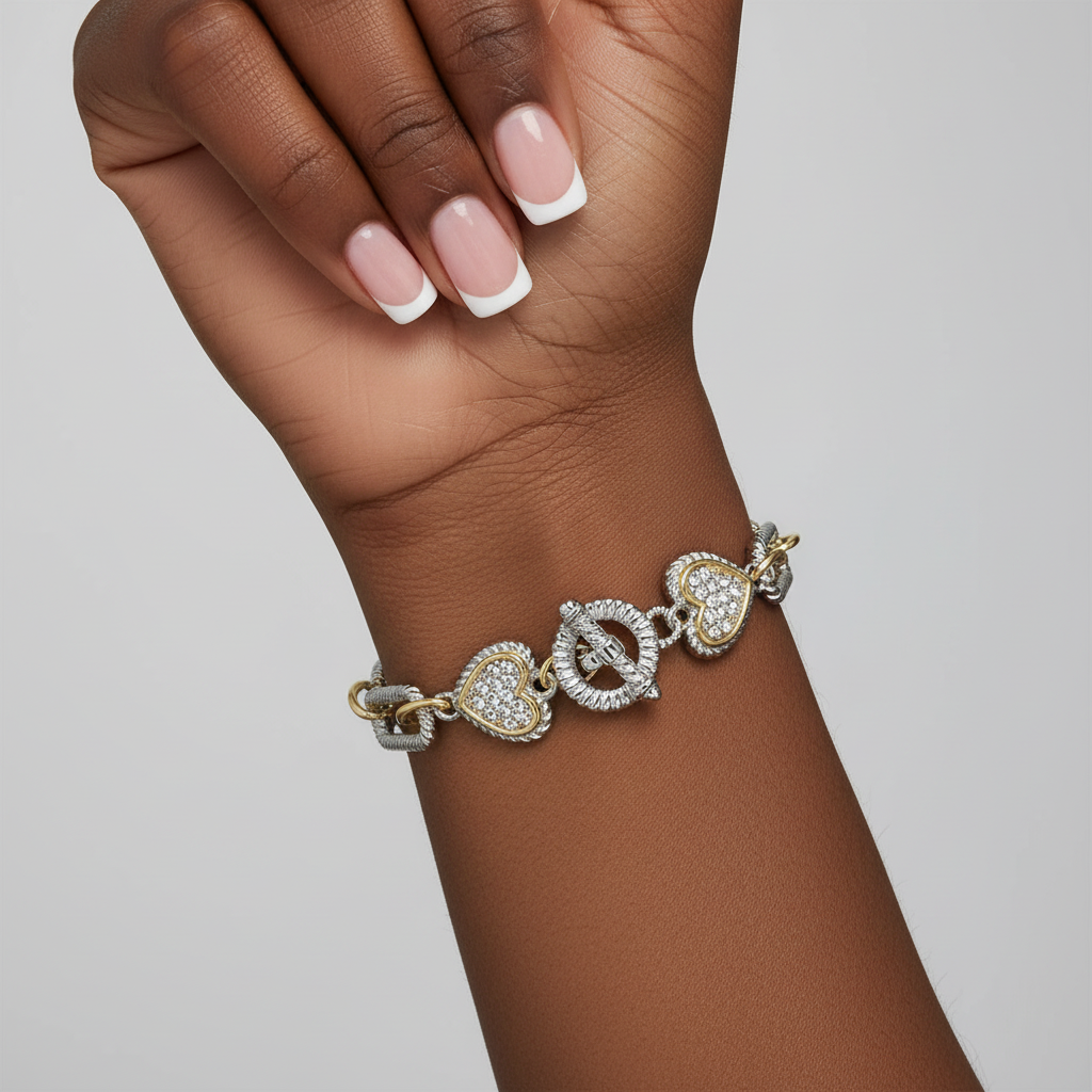 Two-Tone Pave Heart Toggle Bracelet – 14K Gold Plated Textured Link