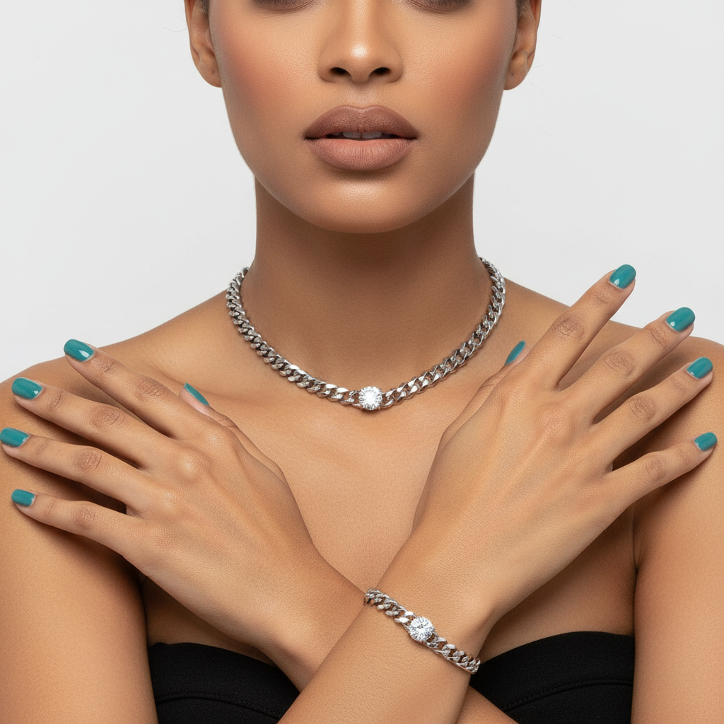 Rhodium Round CZ Chain Link Necklace & Bracelet Set Stainless Steel