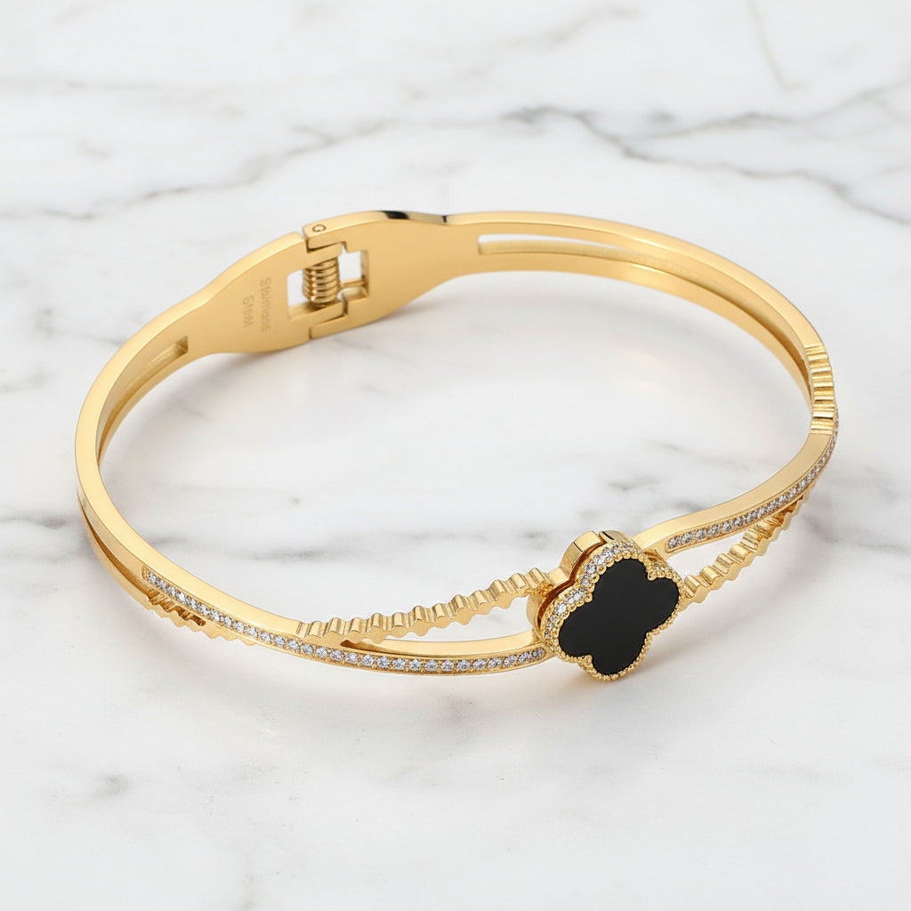Mena Clover Stone Paved Stainless Steel Hinged Bangle