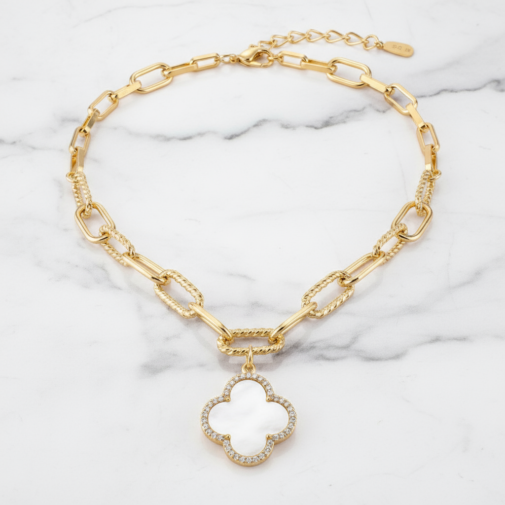 Bold Clover Lariat Paper Clip Necklace | Gold Dipped Quatrefoil Pendant