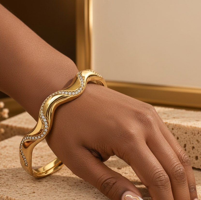 Serena CZ Pavé Wave Stainless Steel Bangle