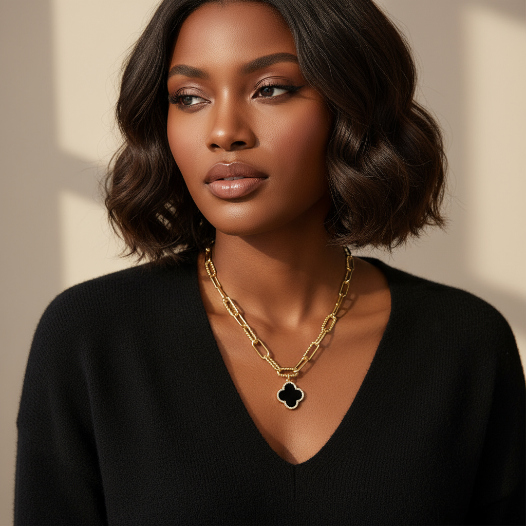 Bold Clover Lariat Paper Clip Necklace | Gold Dipped Quatrefoil Pendant
