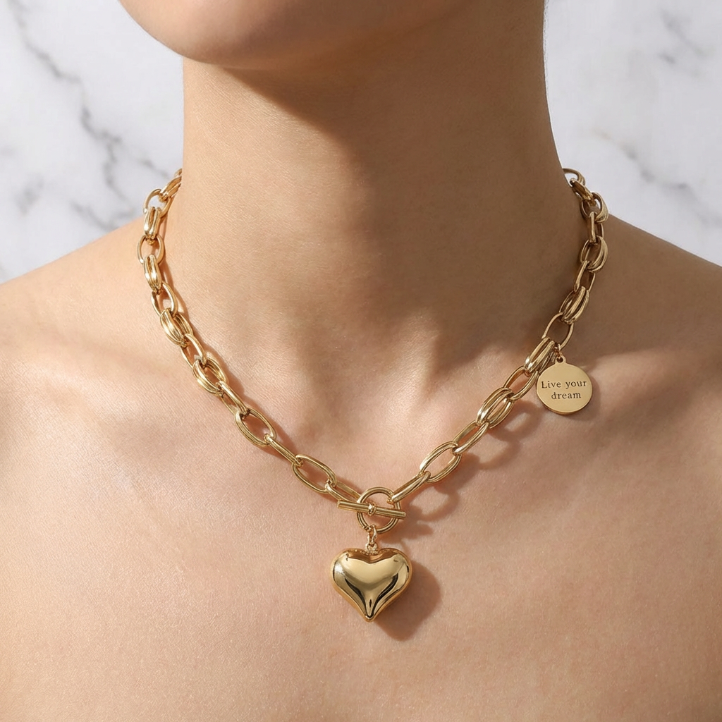 Live Your Dream Heart Toggle Necklace 14K Gold Plated