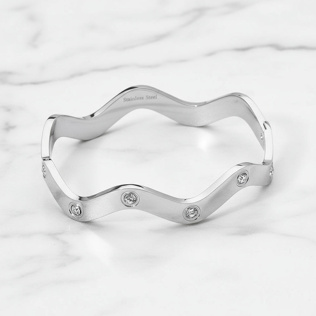 Wavy Ribbed Stainless Steel Bangle | Gold & Silver Wave Design with CZ