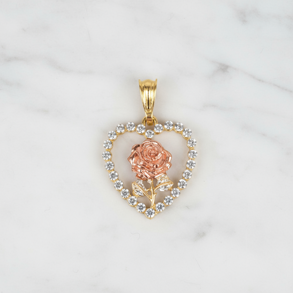 18K Gold-Filled Heart Rose CZ Charm Pendant | Water Resistant