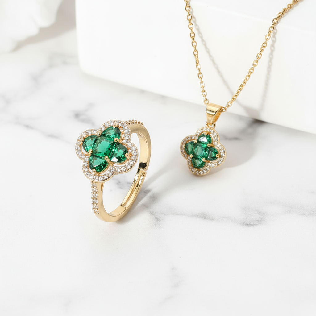 The Emerald Clover Sparkle Set | Ring & Necklace Duo