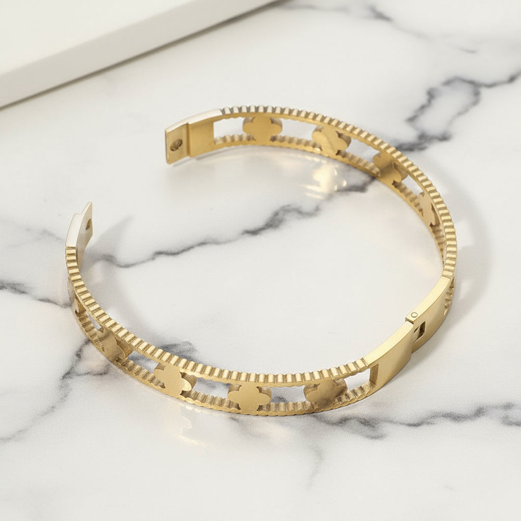 Lucky Bloom Stainless Steel Hinged Bangle Bracelet