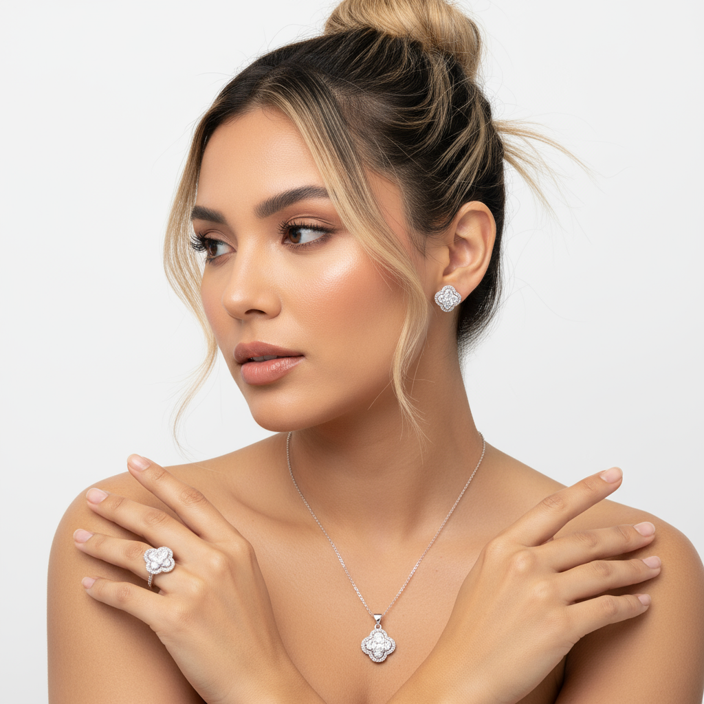 The Ultimate Clear Clover Set | Ring, Necklace & Earring Trio