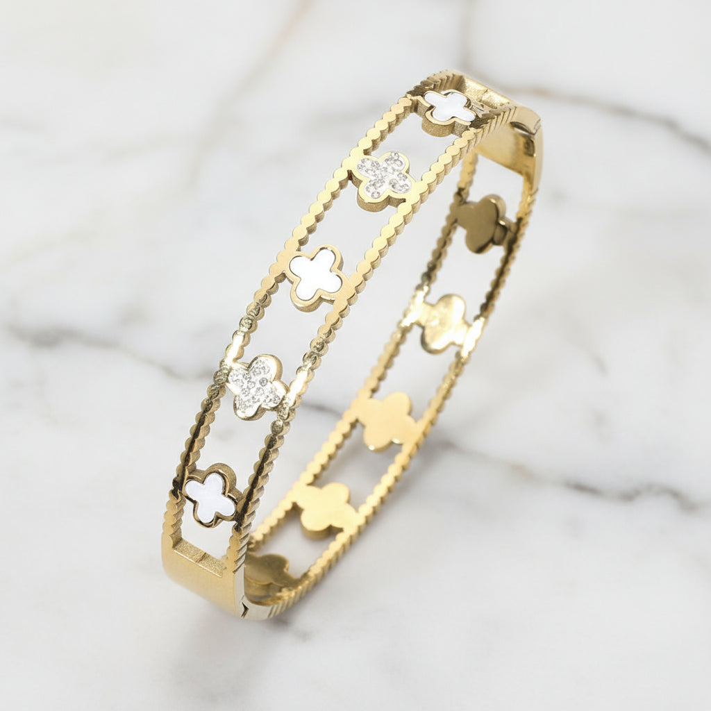 Lucky Bloom Stainless Steel Hinged Bangle Bracelet