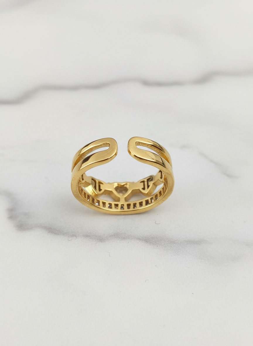 Gold Plated Adjustable CZ Heart Link Ring | Single Statement Band