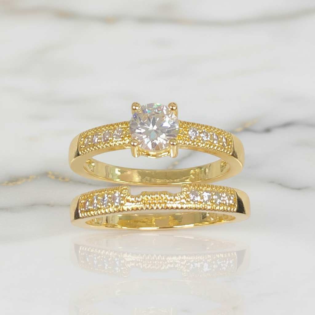 18K Gold-Filled CZ Engagement & Wedding Ring Set | Water Resistant