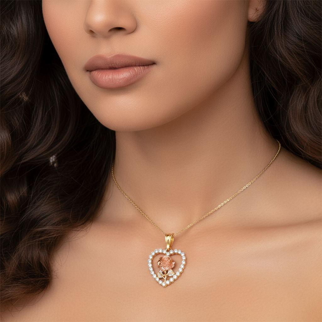 18K Gold-Filled Heart Rose CZ Charm Pendant | Water Resistant