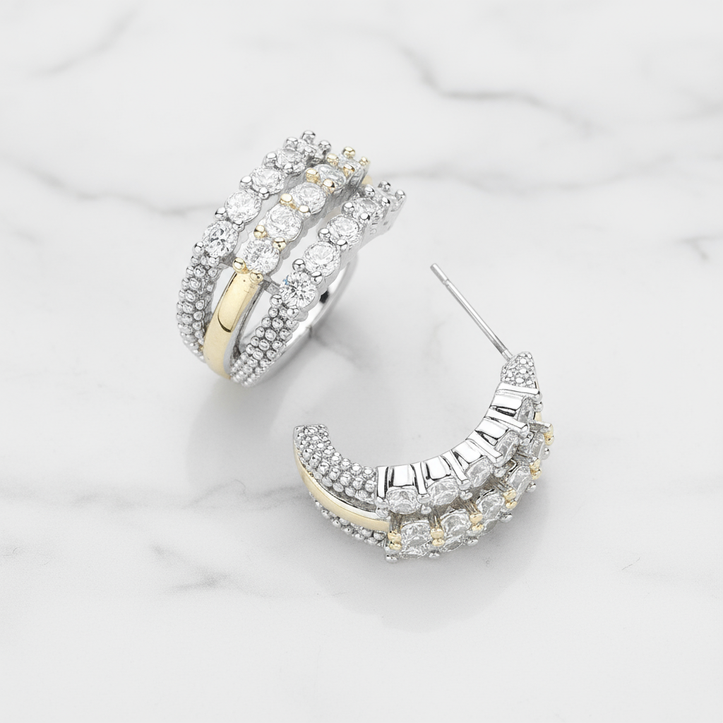 Two-Tone Tiered Pavé Huggie Hoops | 14K Gold Plated CZ Earrings
