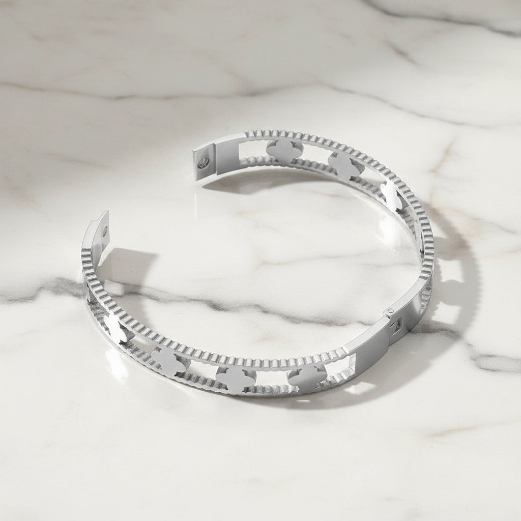 Lucky Bloom Stainless Steel Hinged Bangle Bracelet