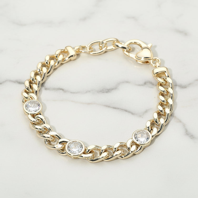 Monarch Bezel Curb Chain Bracelet 14K Gold Plated CZ Station